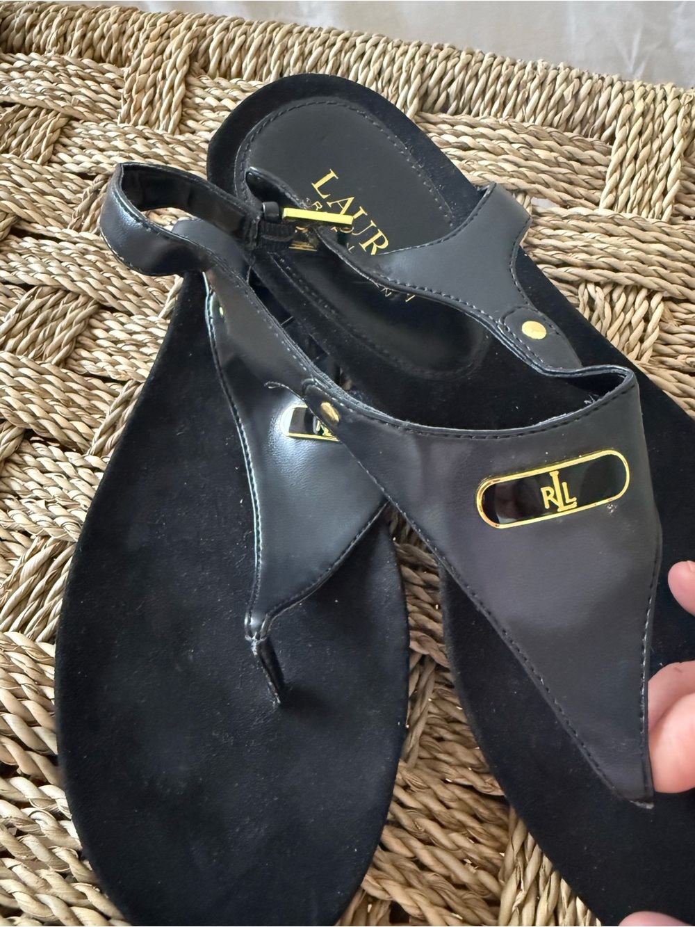 Ralph Lauren Black Leather Logo Slingback Sandals with Gold Accents